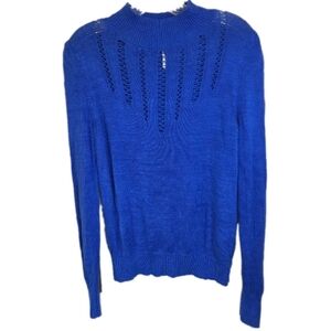 Free People Pointelle Knit Mock Neck Sweater Size S Azure Blue Linen Blend